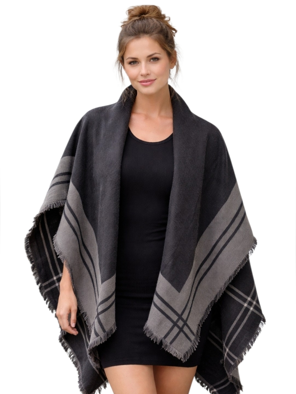 Trendy Versatile Woolrich Black and Gray Warm Stylish Reversible Cape One Size
